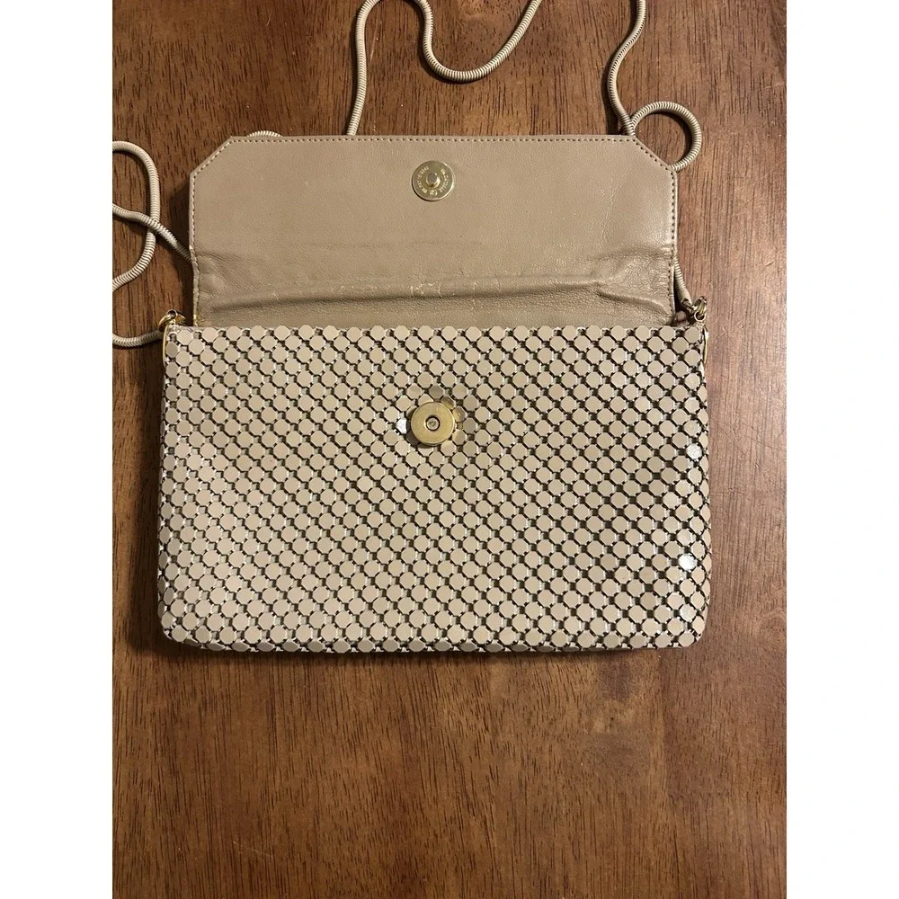 Whiting & Davis Vintage Metal Mesh Clutch Purse Tan Cord Strap Cocktail Bag